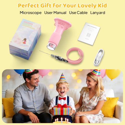Kids Magnifying Glass, 2.0 Inch Digital Screen Mini Pocket Microscope for Bug - 200x Zoom Handheld Microscope with Adjustable Lights, Edu Birthday Gifts for Age 3-12 Girls - color: Pink