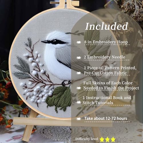 FONNUY Wild Birds Embroidery Kit, Pre-Stamped Green Tree Bird Patterns Kits for Adults and Beginners, Handmade DIY Crafts Set, Color Thread Needlework, 8'' Hoop (Chubby Little Bird) - color: Chubby Little Bird