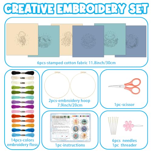 ACRNIGHEET 6PCS Embroidery Kit for Adults Beginners, Sea Animals Embroidery Starter Kit, Stamped Cross Stitch Kits for Crafts Lovers Gift Idea, Include Instructions 6 Stamped Embroidery Cloth 2 Hoop - style: Marine animal patterns -6pcs