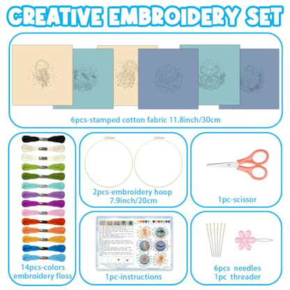 ACRNIGHEET 6PCS Embroidery Kit for Adults Beginners, Sea Animals Embroidery Starter Kit, Stamped Cross Stitch Kits for Crafts Lovers Gift Idea, Include Instructions 6 Stamped Embroidery Cloth 2 Hoop - style: Marine animal patterns -6pcs