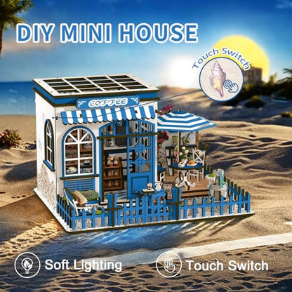 DIY Miniature Dollhouse Kit with Touch LED Light, 3D Wooden Puzzle Santorini Cafe Model, Creative Ocean Style Building Set, Arts and Crafts Gift for Adults (317 Pcs) - style: Mediterranean, Santorini Style