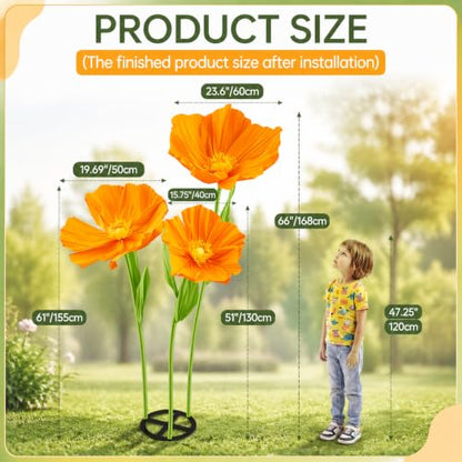 Moxweyeni 3 Pcs 5.5 ft Giant Orange Poppy Paper Flower DIY Kit with Stand - color: Orange, style: Poppy