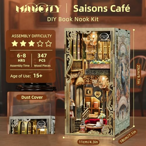 MiniCity Book Nook Kit, DIY Miniature Dollhouse Book Nook Kit with Dust Cover and LED Light (Saisons Café) - color: Saisons Café