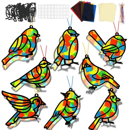Lonfliness 32 Sets Bird Suncatchers Craft Kit DIY Birds Window Stained Glass Effect Paper Spring Home School Classroom Decoration Art Craft Creative Activity Project Gift Favor - style: Bird