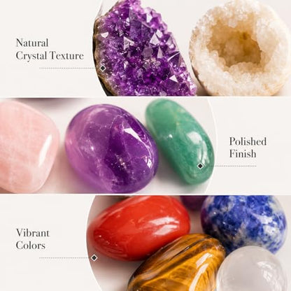 Crystal Stone Set Mineral Specimen Kit with Tumbled Stones Amethyst Cluster and Geode Rock
