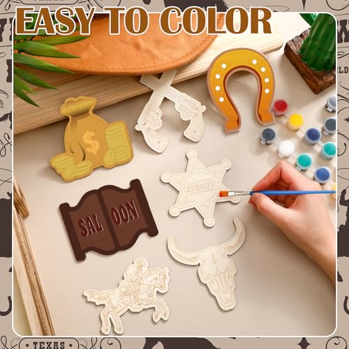 JellyArch 24 Pcs West Cowboy Wooden Painting Kits with Magnets, 12 Designs - style: West Cowboy