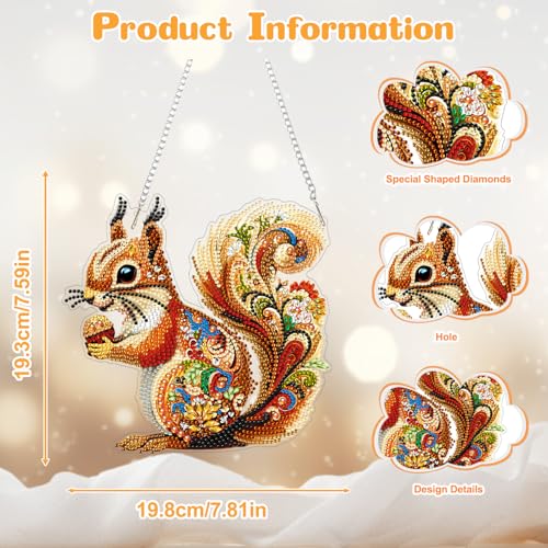 AIRDEA Hanging Diamond Painting Kits Mandala,Special Shaped Diamond Art Kits Squirrel,Gem Art Pendant Decor,7.81x7.59in - color: brown yellow