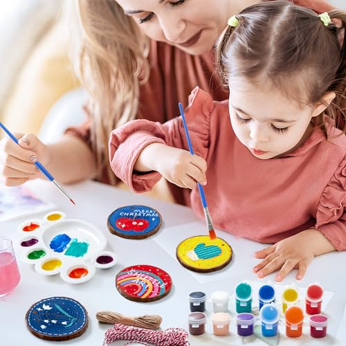 Shuttle Art Natural Wood Slices 70 PCS 2.8-3.1 Inches Craft Wood Ornament Kit, Unfinished Predrilled Wooden Circles with Hole, Jute Twine, Acrylic Paint, Markers for DIY Decoration