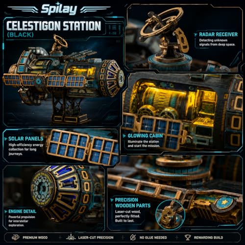 Spilay Mechanical 3D Wooden Puzzle for Adults, Wood Model Building Kit - color: Celestigon Station（black）
