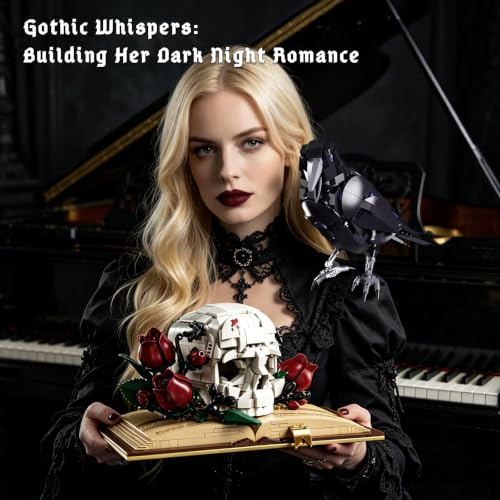 Gothic Raven & Skull Building Set for Adults, 1358PCS Animals Goth Horror Collection Kits Features Crow, Skull, Roses and Book, Compatible with Lego Raven, Birthday Gifts for Girlfriend/Wife/Mom - style: Raven Flower