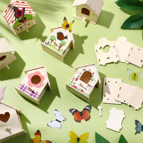 Outus 24 Pcs Wooden Birdhouse Kits for Kids, 4 Shapes Unfinished, Lovely - style: Lovely