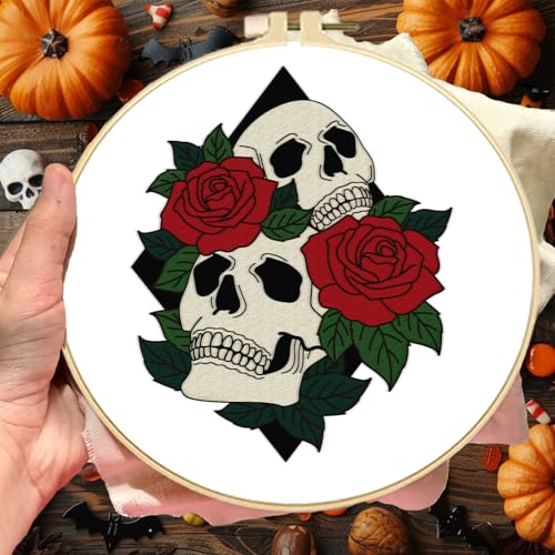 BEUNITONE 4 Set Halloween Skull Embroidery Kit for Beginners Include Hoops - color: 02-Halloween Rose