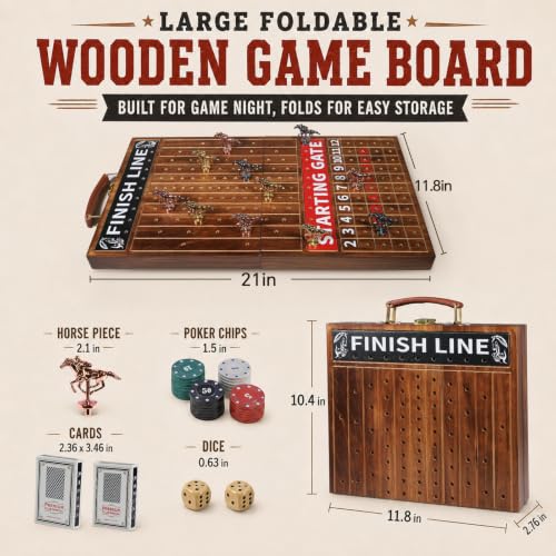 Horse Race Board Game Foldable Solid Wood Horse Racing Game - color: Large Folding Box-burnt