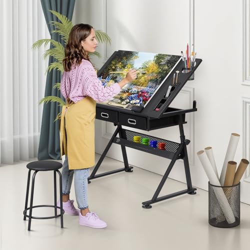ZENY Adjustable Drafting Table with Stool Tilting Drawing Desk Artist Table - color: Black