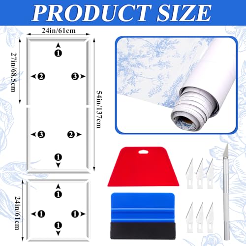 Pangda 3 Set Peel and Stick Wall Molding Kit 54 x 24 in 3D Pre Cut Accent Molding Wainscoting Panel with 24 in x 20 ft Blue and White Toile Wallpaper and 8 Pcs Smoothing Tool Kit Trim DIY Walls Decor