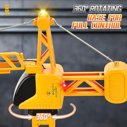 35.5-Inch 6 Channel RC Tower Crane for Kids, Remote Control Crane Toy with LED Lights, 360° Rotating Lift Construction Vehicles with Grabber, Log, Lifting Basket, Educational Learning Toys for Boys