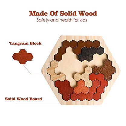 Wooden Hexagon Montessori Tangram Puzzle, STEM Brain Teaser for All Ages
