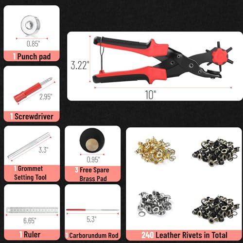 UNCO- Leather Hole Punch Tool Set with 240 Leather Rivets, Red Handle, Multi Punch Sizes, Rotary Belt Hole Puncher for Leathers, Belts, Straps, Pet Collars, Shoes, Saddles, Canvas & DIY Crafts
