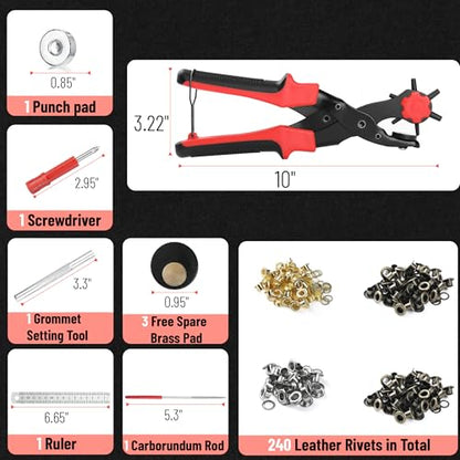 UNCO- Leather Hole Punch Tool Set with 240 Leather Rivets, Red Handle, Multi Punch Sizes, Rotary Belt Hole Puncher for Leathers, Belts, Straps, Pet Collars, Shoes, Saddles, Canvas & DIY Crafts