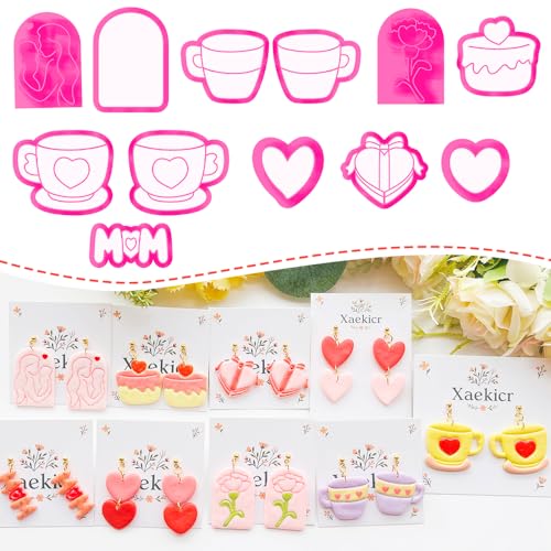 Mother’s Day Polymer Clay Cutters & Stamps Set - 12pcs Sharp & Durable Tea Cup, Cake, Heart, MOM & Silhouette Shapes for DIY Earring Jewelry Making, Soft Clay Crafts & Holiday Supplies - color: 2M color