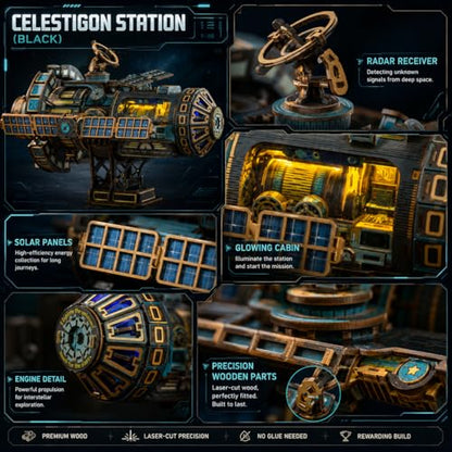 Roroom Mechanical 3D Wooden Puzzles for Adults, 511pcs Wood Building Kit - color: Celestigon Station(black)