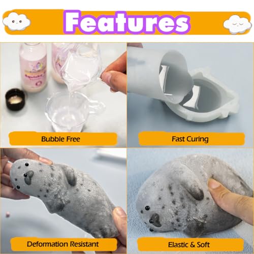 Taba Squishy Kit Seal Silicone Mold 4''+Liquid Gel+Flocking Cute Animal Maker Set - color: 4'' Seal