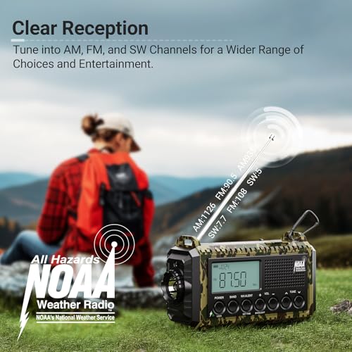 Emergency Radio 12000mAh, Auto Digital Weather Radio Portable AM FM SW NOAA - color: Camo Green