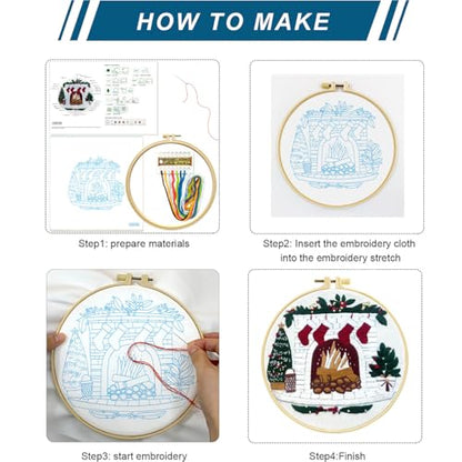 Zhenqing Christmas Embroidery Kit for Beginners - 4 Piece 29x29cm Round Designs with Embroidery Hoop, Threads & Tools (Snowy Cabin, Fireplace, Candy Cane, Holly)(C0066) - style: Snowy Cabin+ Fireplace+Candy Cane+Holly