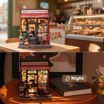 CUTEBEE Book Nook Kit, DIY Miniature Dollhouse Kit, Pizza Shop Booknook - color: Uncle Joe's Pizzeria