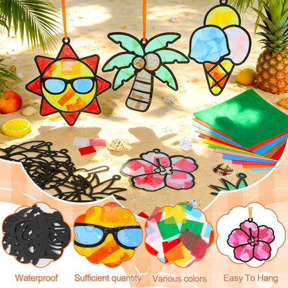 Qyeahkj 36 Sets Summer Suncatchers Crafts for DIY Summer Beach Fruit Tissue Paper Craft Kit Hawaiian Tropical Stained Glass Effect Window Ornaments Decoration for Home Art Project Party Favor Gift - style: Summer Beach Fruit
