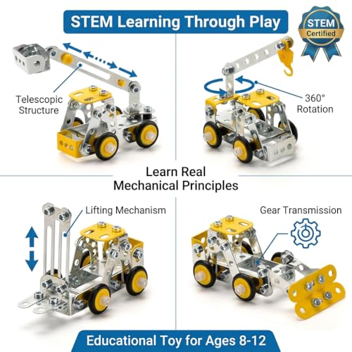 Erector Set for Boys Age 8-12,4 Mini Metal Model Set for Kids,330 PCS STEM Construction Toys,Engineering Building Set with Crane,Forklift,Bulldozer,Fire Truck-DIY STEM Educational Gift for Boys&Teens