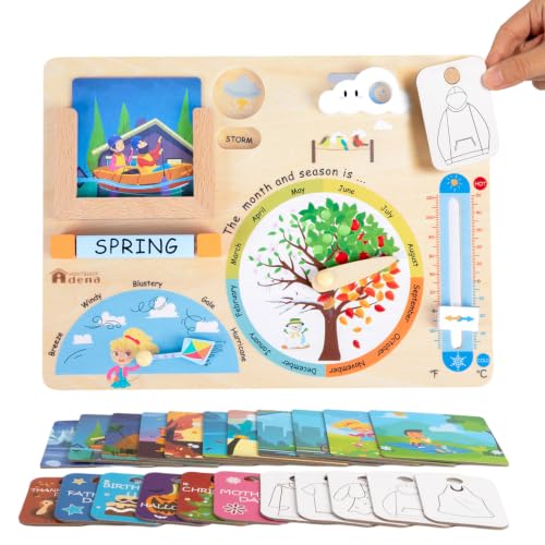 Wooden Weather Station Cognitive Board with 24 Cards, Climate Teaching Toy, Weather Board for Kids, Learning Daily Weather Condition Changes, Months Temperature & Seasons Toys for 3,4,5 Years Old