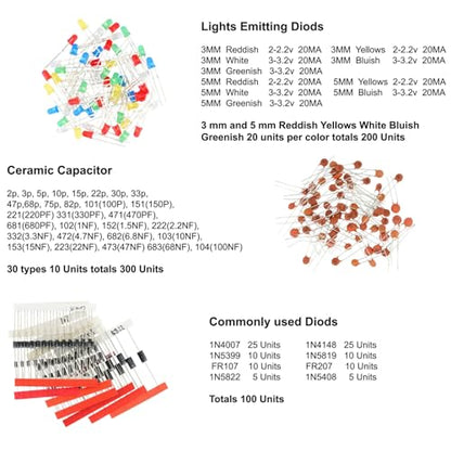 1540 Pcs Electronic Component Assortment Kit LED Diode Transistor Metal Film Resistors Aluminum Electrolytic Capacitors Ceramic Capacitors and 40Pin Male to Male Jumper Wire