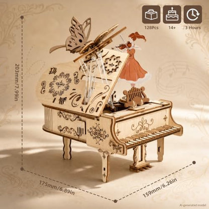 3D Puzzles for Adults Wooden Piano Box Building Sets 1:18 Scale Model Kit Music Box Construction Puzzles Unique Gift for Men Women Birthday Christmas 128 PCS
