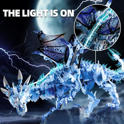 Mechanical Dark Ice Dragon Building Block Set with Hand Crank Motion Movable Head, Wings & Limbs Fantasy Dragon Model Kit for Teens & Adults - color: Ice Dragon