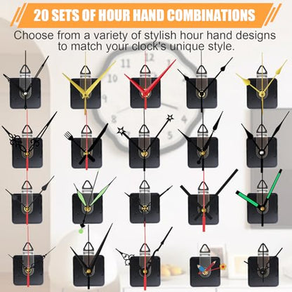 20 Pack Quartz Clock Movement Mechanism Kit, Silent Sweep Non-Ticking, 20mm Total Shaft (11mm Thread) Fits 3–6mm Dials, 20 Hand Styles, Hanging Hooks & Traceless Nails, DIY Wall Clock Repair - color: 20-pack