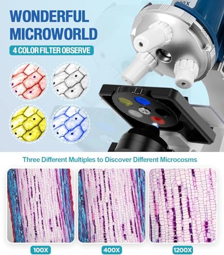 58-Piece Kids Microscope Kit - 100X-1200X Magnification, Metal Body, LED Light, Carrying Box - Science Experiment Toy for Kids Ages 5-12