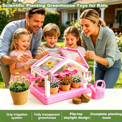 Kids Mini Greenhouse Plant Growing Kit with Drip Irrigation System,Transparent Plant Observation House Complete Gardening Tools,STEM Science Educational Planting Toy Gift for Boys Girls Age 3-12
