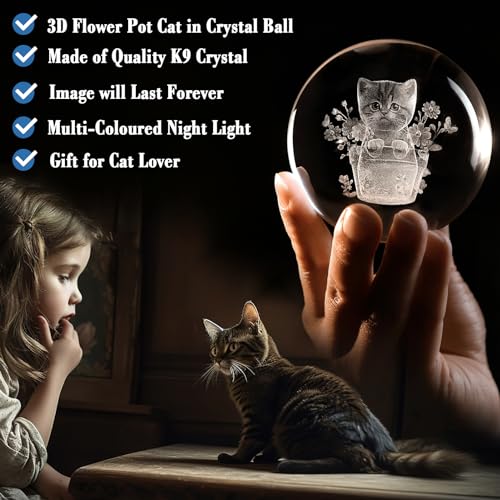 IFOLAINA Cat Themed Gifts for Women 3D Crystal Ball for Her Mom Girls - color: Flower Pot Cat