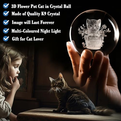 IFOLAINA Cat Themed Gifts for Women 3D Crystal Ball for Her Mom Girls - color: Flower Pot Cat