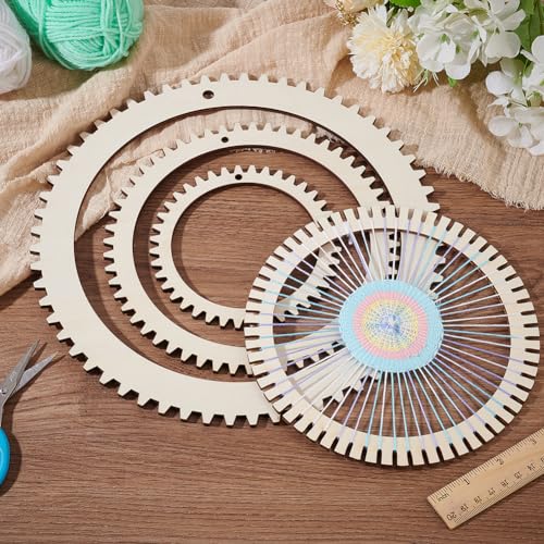 BENECREAT 3 Sizes Wooden Weaving Loom Kit, 5/7.8/11 inch Round Gear Shape DIY Weaving Loom for Hanging Decor Woven Tapestry Knitted Crafts Making, 5mm Thick (Pack of 4) - size: 3 Sizes (Pack of 4)