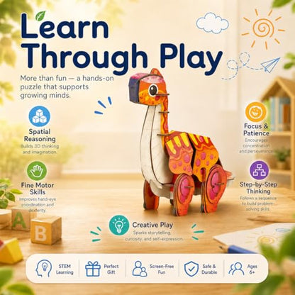 MierEdu Build 'N' Sound 3D Puzzle for Kids, Animal Puzzle with Sound Module, Educational STEM Craft Kit, FSC Paper Model Building Toy Gift for Ages 6+ - color: Brachiosaurus