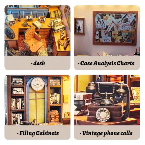 Music Park Book Nook for Adults, 3D Wooden Puzzle Detective Office with LED - color: Detective Office