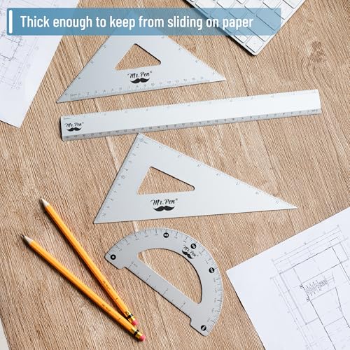 Mr. Pen- Metal Geometry Kit, 4 Pack, 45° & 30°/60° Set Squares - color: Silver