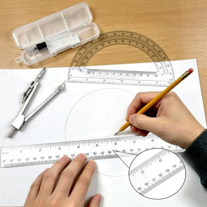 3 Packs Plastic 12 Inch Ruler-6 Inch Clear Protractor Drawing Compasses Set, Student Geometry Math Transparent Measuring Tools for Home School Classroom Office Supplies