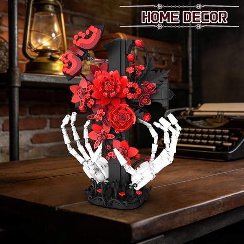 chanbrick Jesus Cross Building Set with Flower & Skull Hand for Adults, Gothic Crucifix Rose Skeleton Collectible Model for Women Home Art Decor, 800+ Pieces