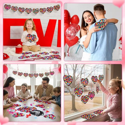 Tinlade 48 Set Valentine's Day Suncatchers Crafts Kit Valentines Heart DIY Window Stained Glass Tissue Paper Red Love Hanging Ornaments Make Your Own Suncatcher Summer Home School Classroom Activities - style: Valentines