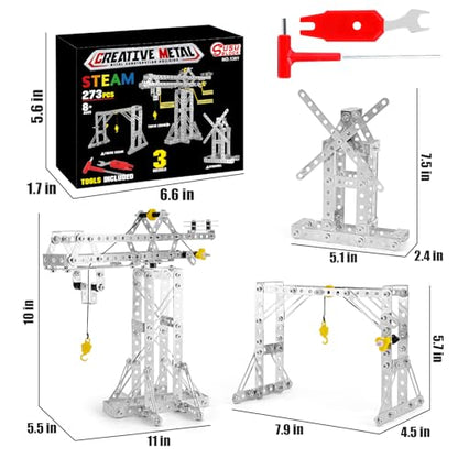 BESTYMXY Building Toys Model Set 273PCS - Tower Crane, Frame Crane & Windmill 3 in 1 Metal Kit, DIY Building STEM Projects, Educational Assembly Metal Toys