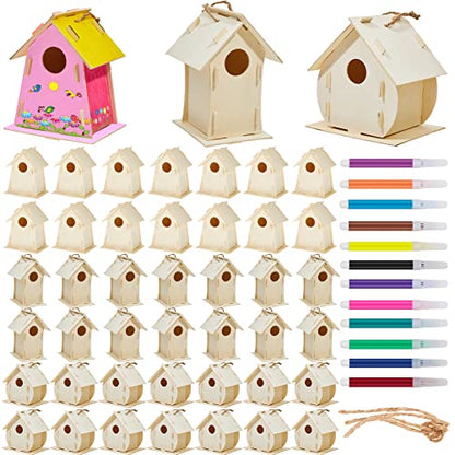 Deekin 42 Sets DIY Birdhouse Kit for Kids to Build and Paint, Include Unfinished Wooden Bird House Strips and Colorful Painting Pens for Fun Craft Activity Creative DIY Art Project
