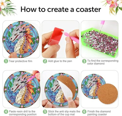 8 Pcs Diamond Art Coasters Kit for Adult with Holder, Diamond Coaster 4x4in - color: Dragon Coasters, size: 8 Pcs 4x4in